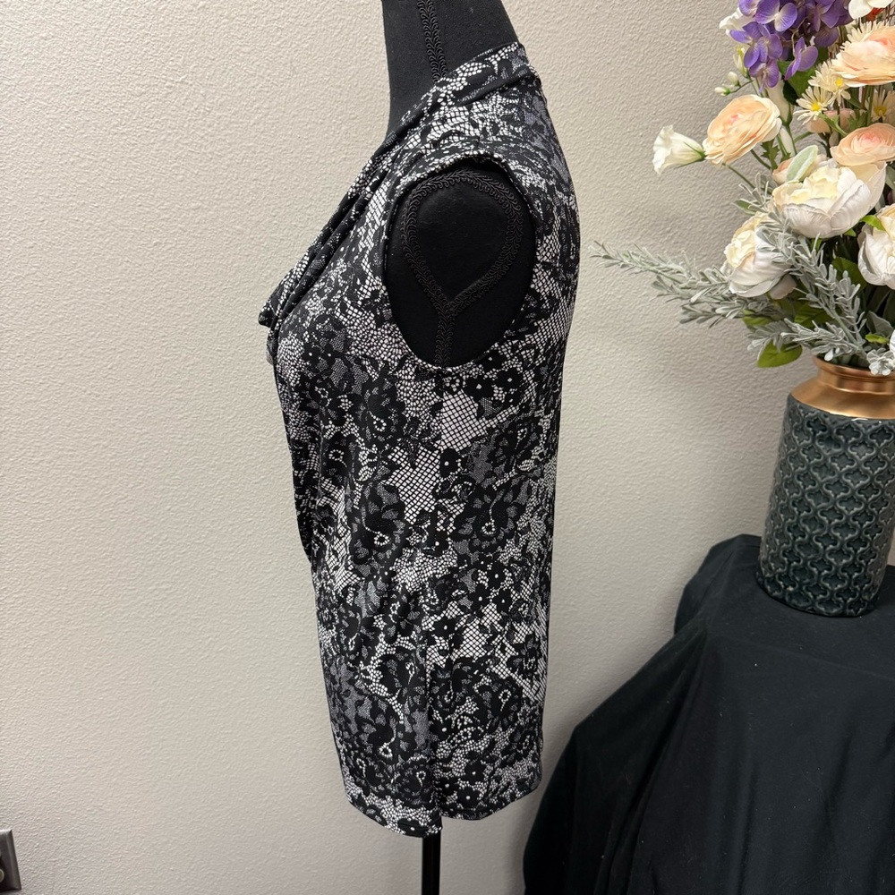 Ann Taylor Black White Lace Print Cowl Neck Blouse Medium | Work Office Top - Picture 2 of 7